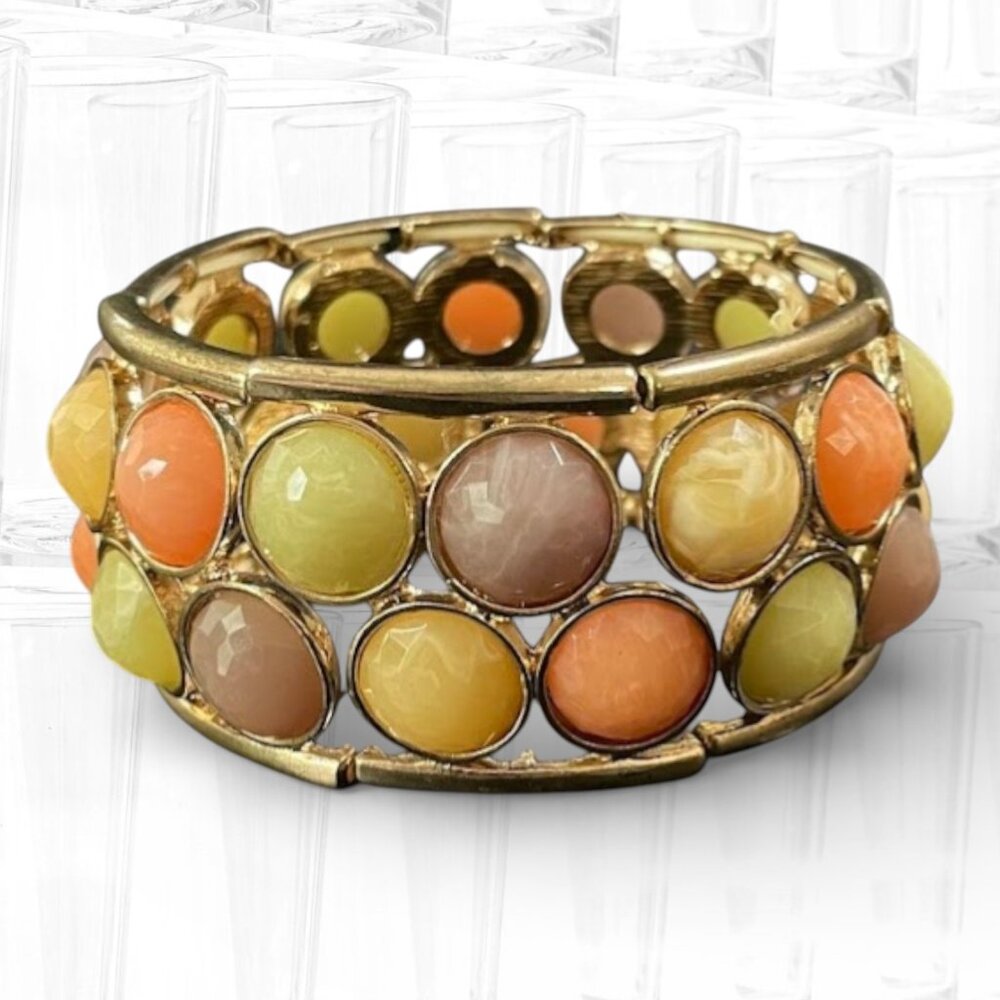 Vintage Natasha Gold Tone Pastel Round Stone Wide Stretch Bracelet Bohochic